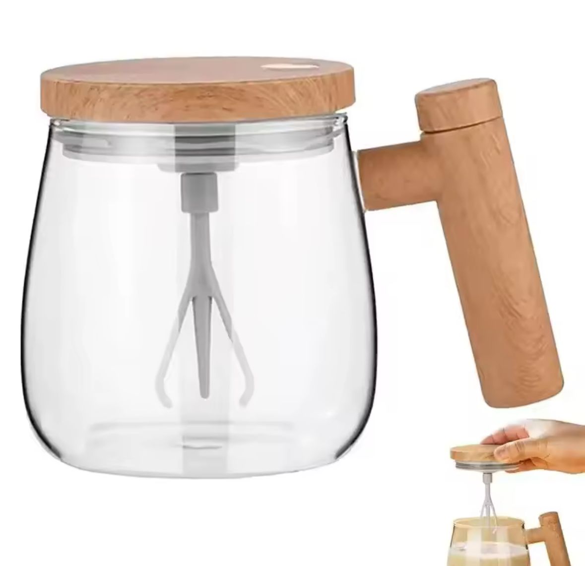Taza Mezcladora Automática de Vidrio 400ml con Batidor Eléctrico y Mango de Madera