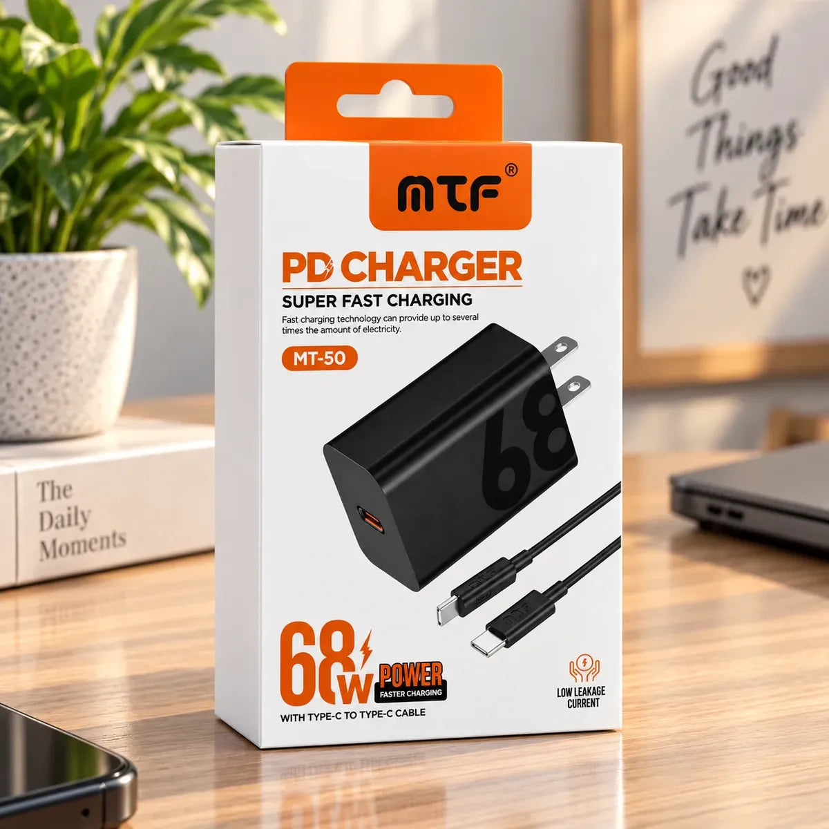 Cargador MTF 68W Carga Rápida USB-C con Cable Tipo C a Tipo C para Celular y Tablet – Ref MT-50