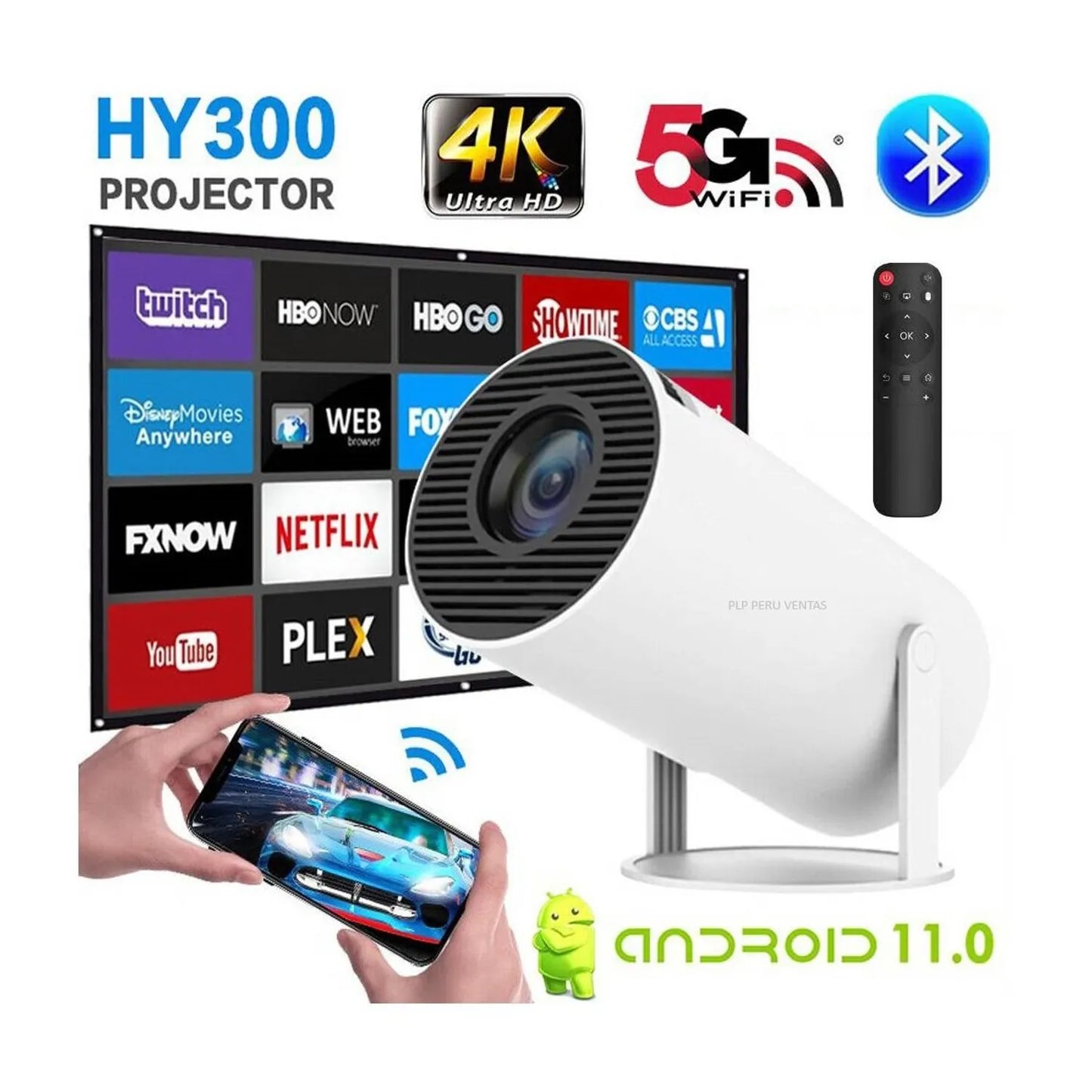 ProyectorPortátil HY-300: Mini Proyector 4K con Android 11, WiFi Dual y Bluetooth | Cine en Casa